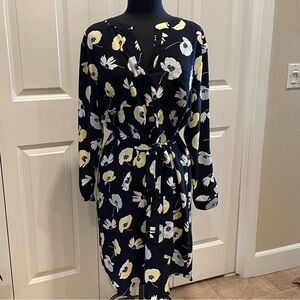 ANN TAYLOR Navy White Yellow Long Sleeve Floral Dress Waist Tie | Size Large